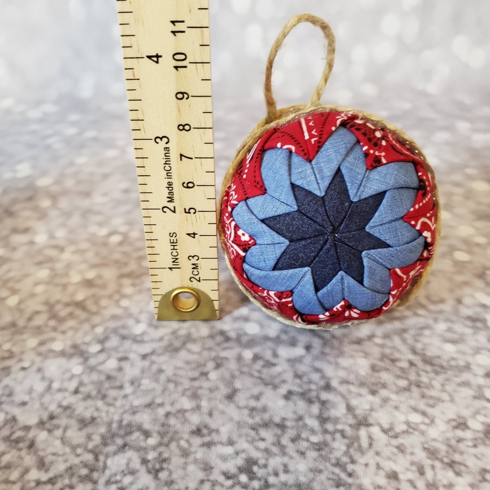 Quilted Fold Christmas Ornaments Fabric Red Blue Americana Western Hand Made - Picture 6 of 6